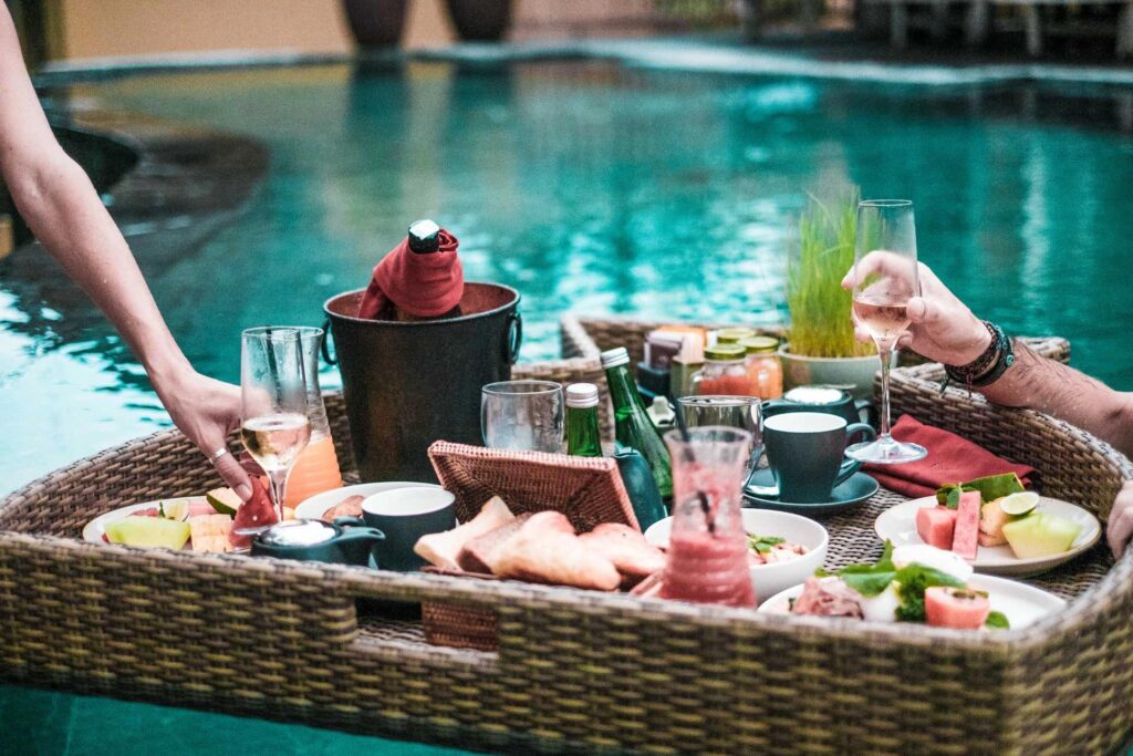 Close up of floating breakfast in the pool
