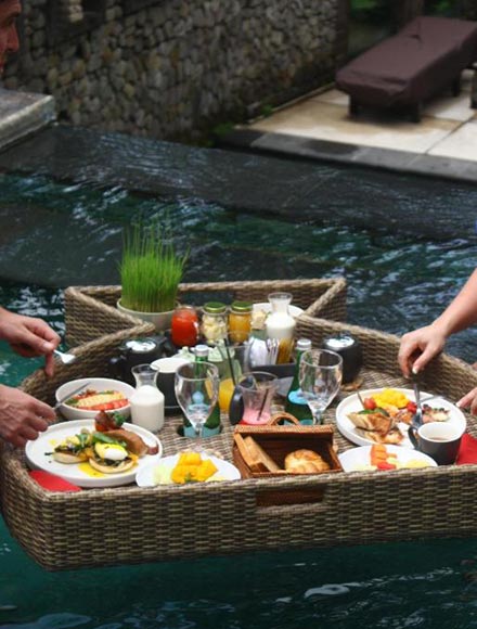 Close up of floating breakfast in the pool