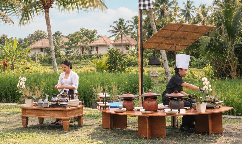 Staff preparing an outdoor afternoon tea setting beside rice fields at Wapa di Ume Ubud