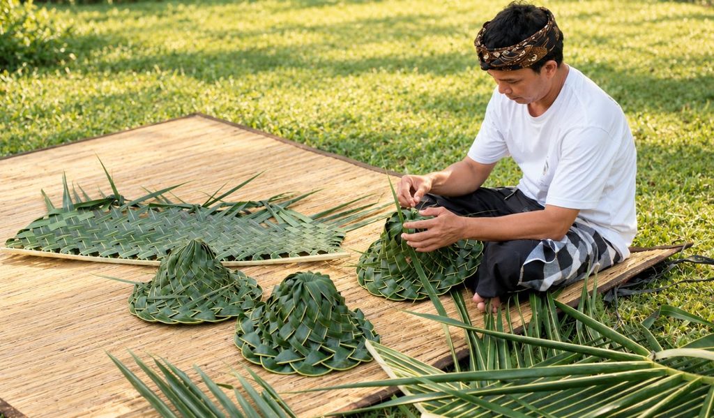 Traditional coconut-leaf weaving demonstration during a Balinese cultural activity